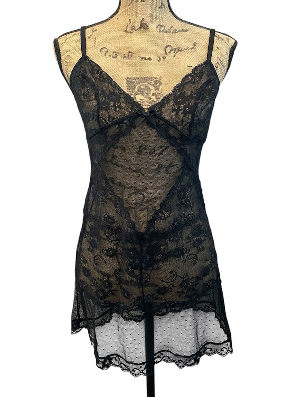 VICTORIA’S SECRET Early 2000’s Black Lace Semi Sheer Mini Slip Dress Large NWOT